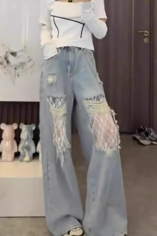 Lace Panel High Waist Wide Leg Jean