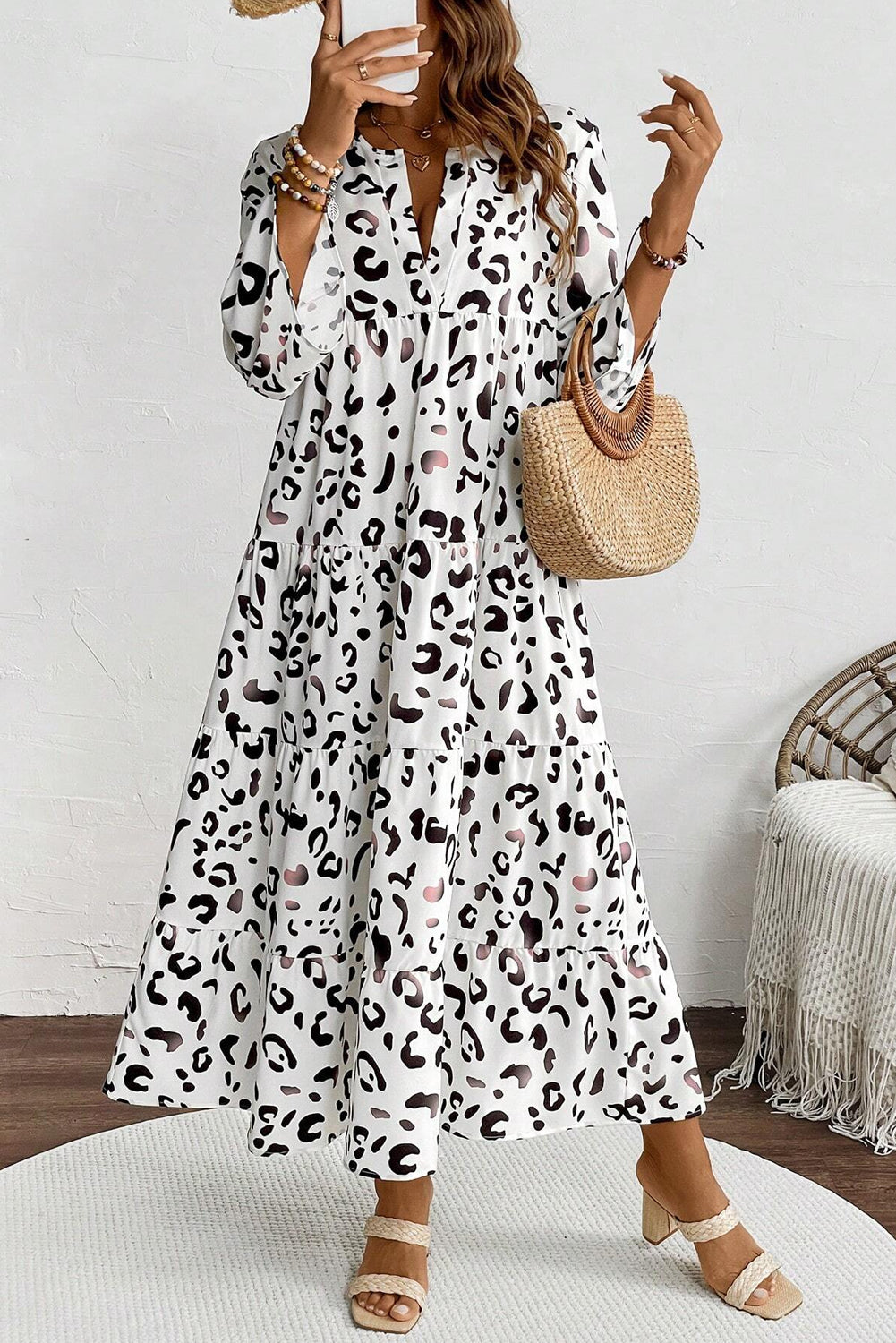 White Leopard Notch V Neck Loose Maxi Dress