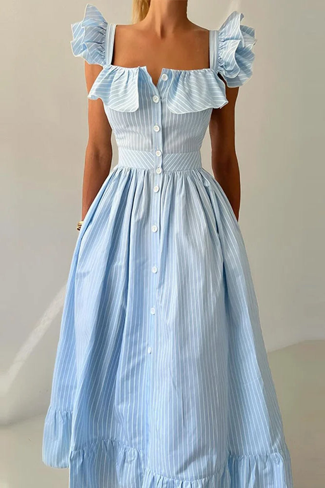 Ruffle Stripe Square Neck Floral Dress
