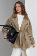 Retro Suede Lapel Tie Waist Jacket Coat
