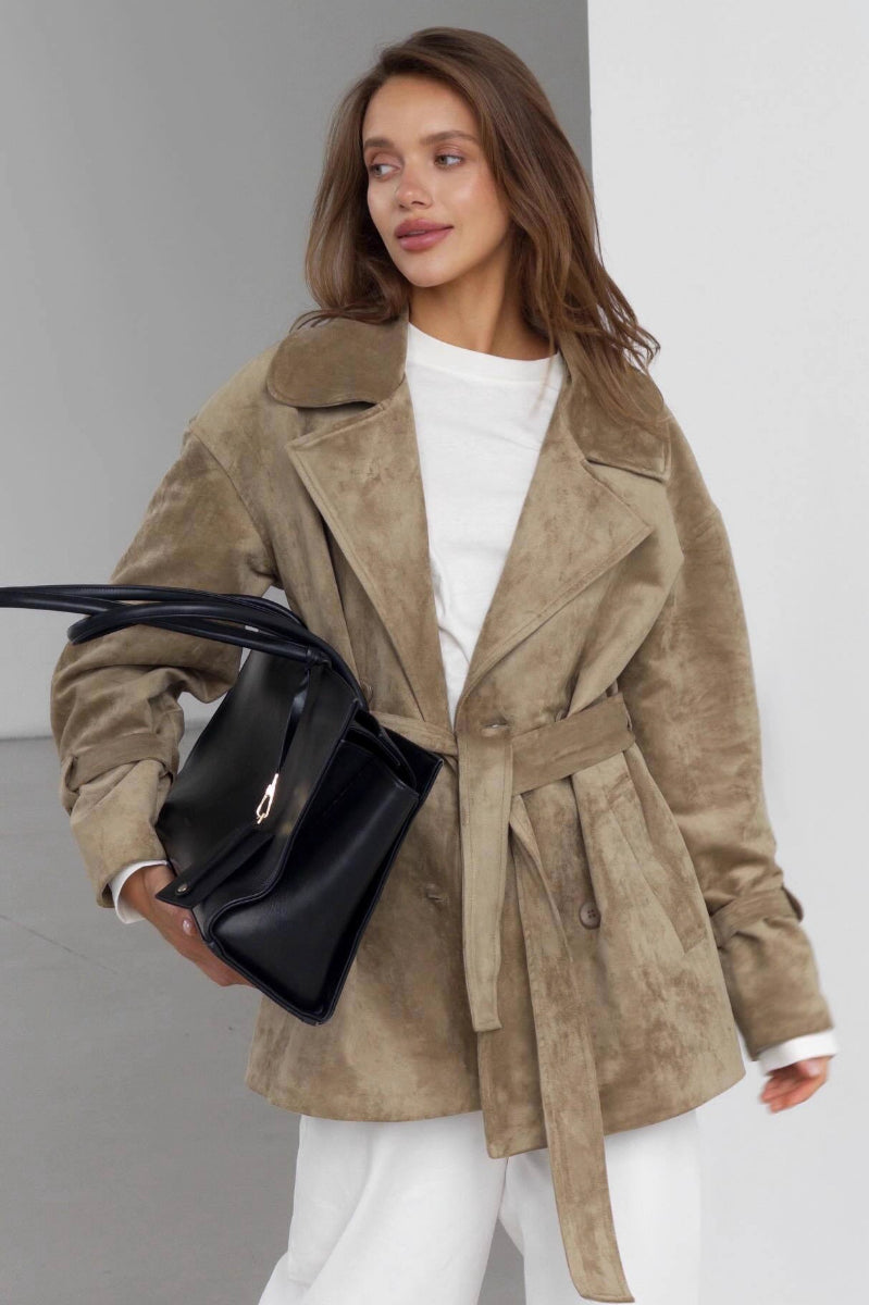 Retro Suede Lapel Tie Waist Jacket Coat