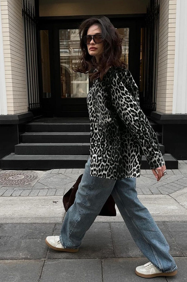 Leopard Print Long Sleeve Open Coat