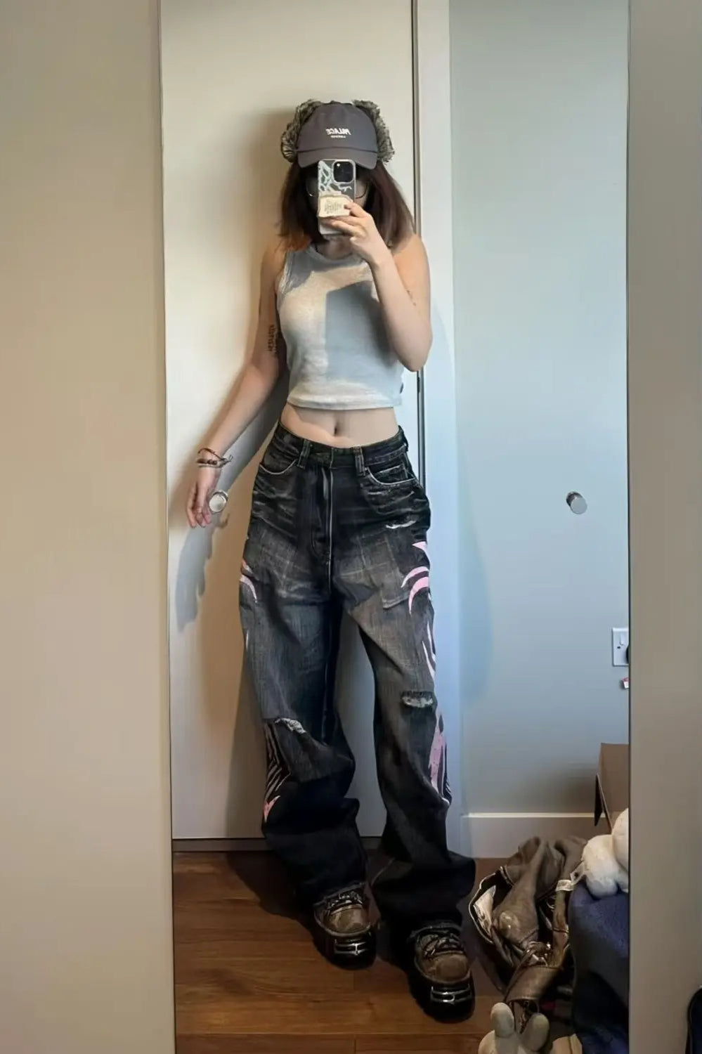 Vintage Print High Waist Wide Leg Jean