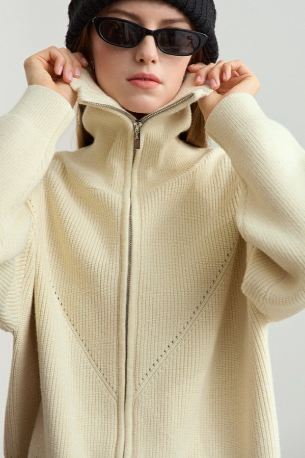 Sailor-Collar Zip Cozy Knit Cardigan