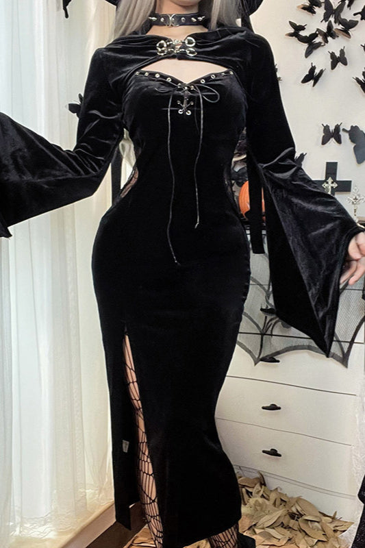 Spiderweb Hooded Flared Gothic Dress