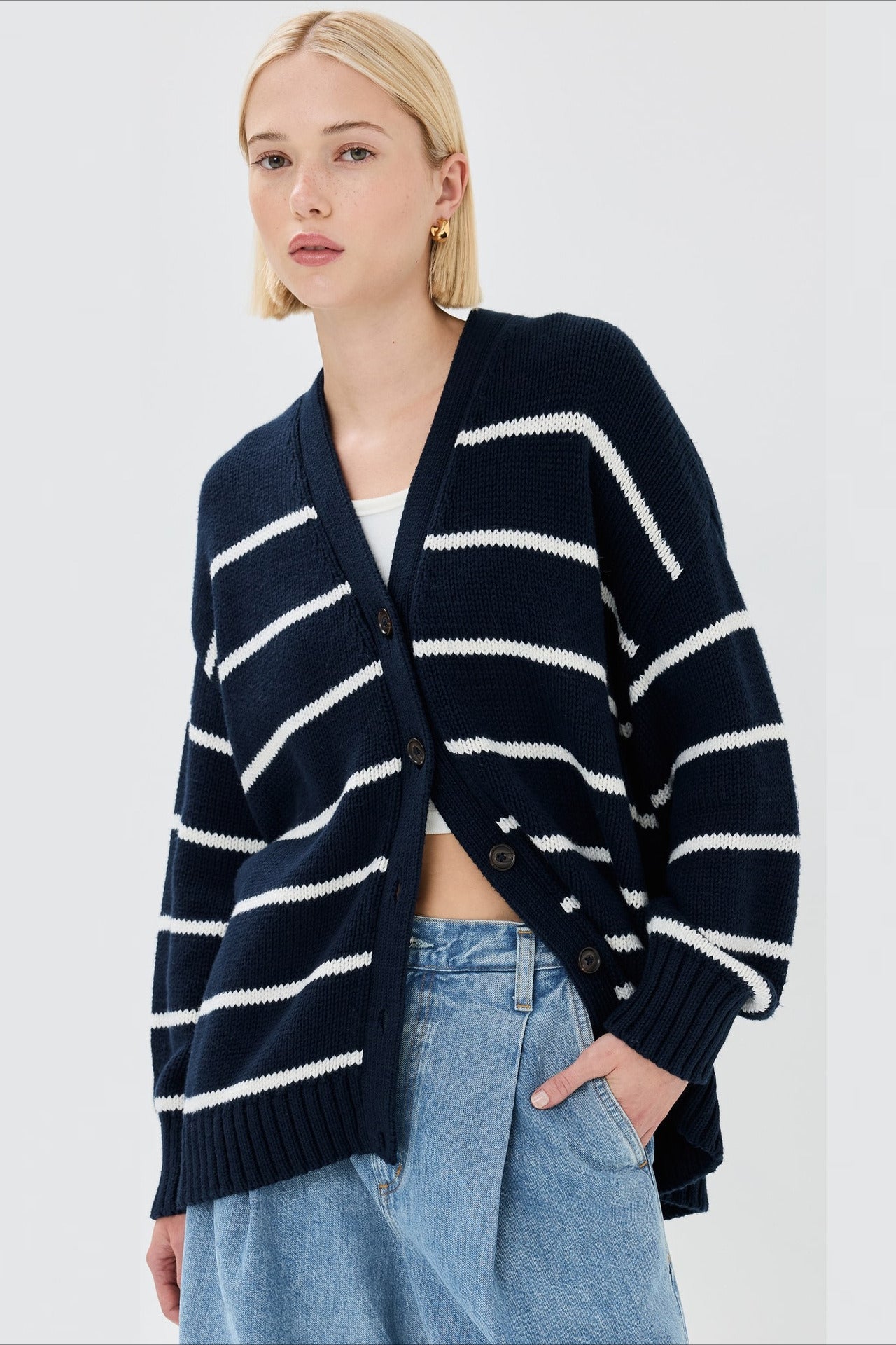 Flowy Striped V-Neck Casual Knit Cardigan