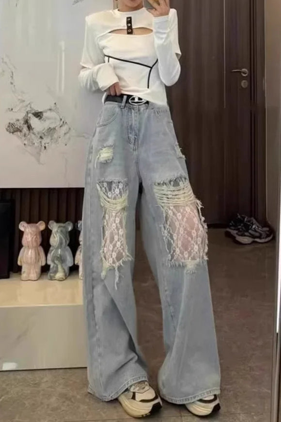 Lace Panel High Waist Wide Leg Jean