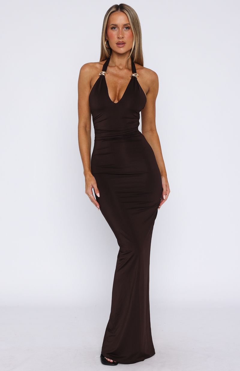Waste A Moment Halter Chocolate Maxi Dress
