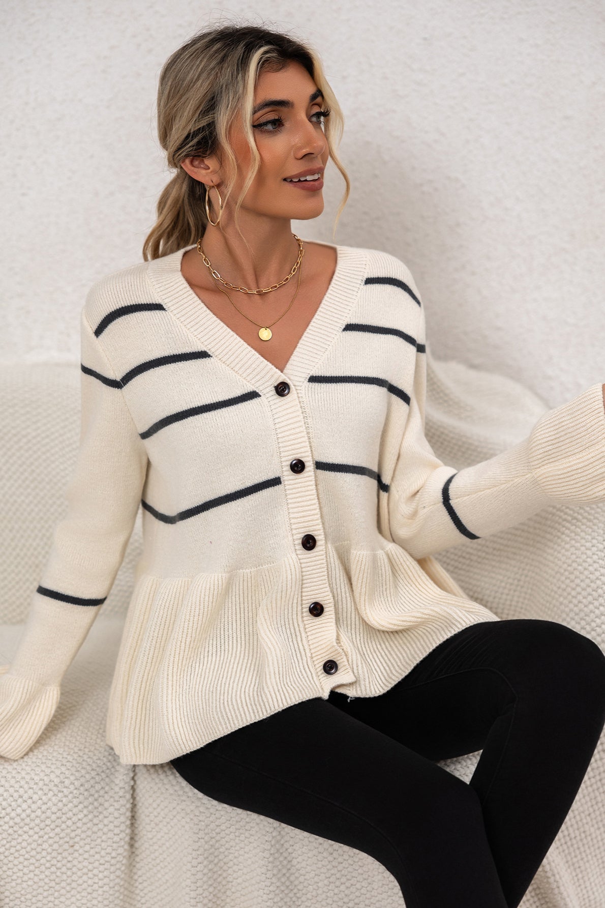V-Neck Striped Relaxed Knit Cardigan