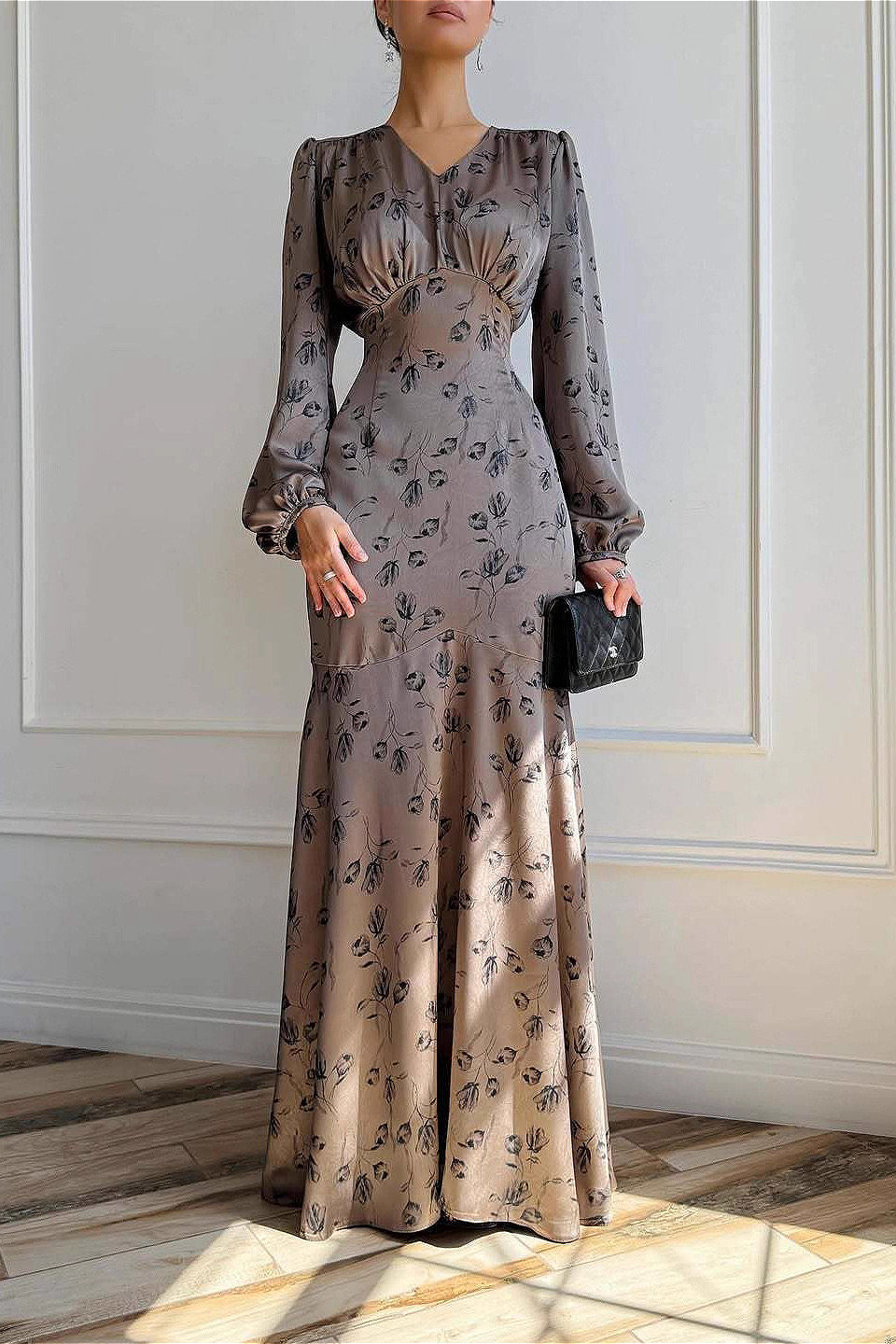 Graceful Satin High Waist Floral Dress