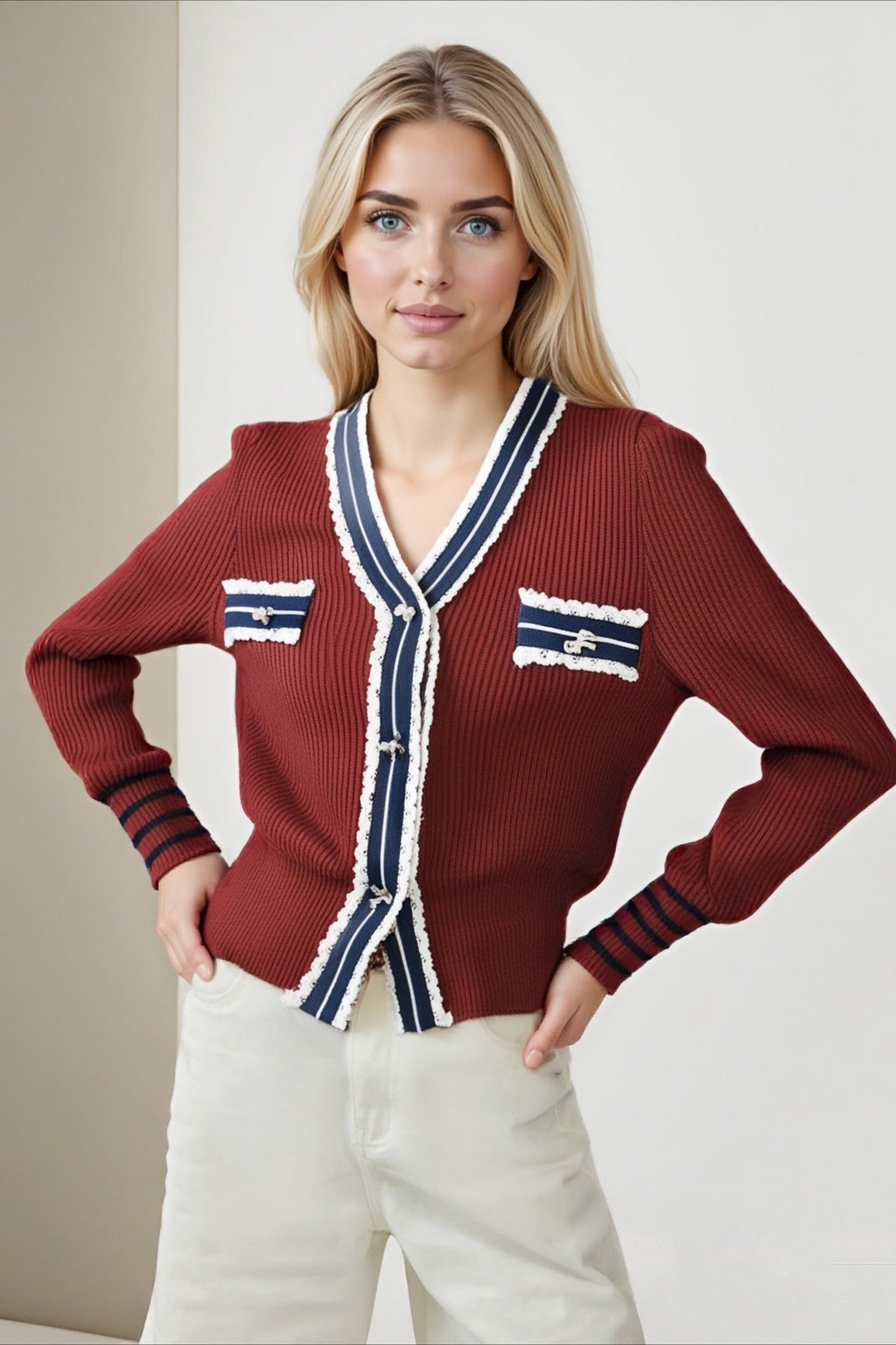 Colorblock Lace V-Neck Knit Cardigan