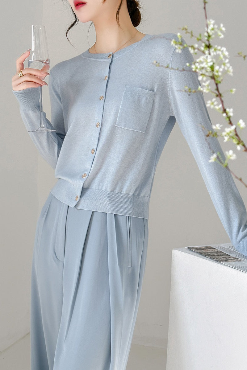 Crew-Neck Button Pocket Knit Cardigan