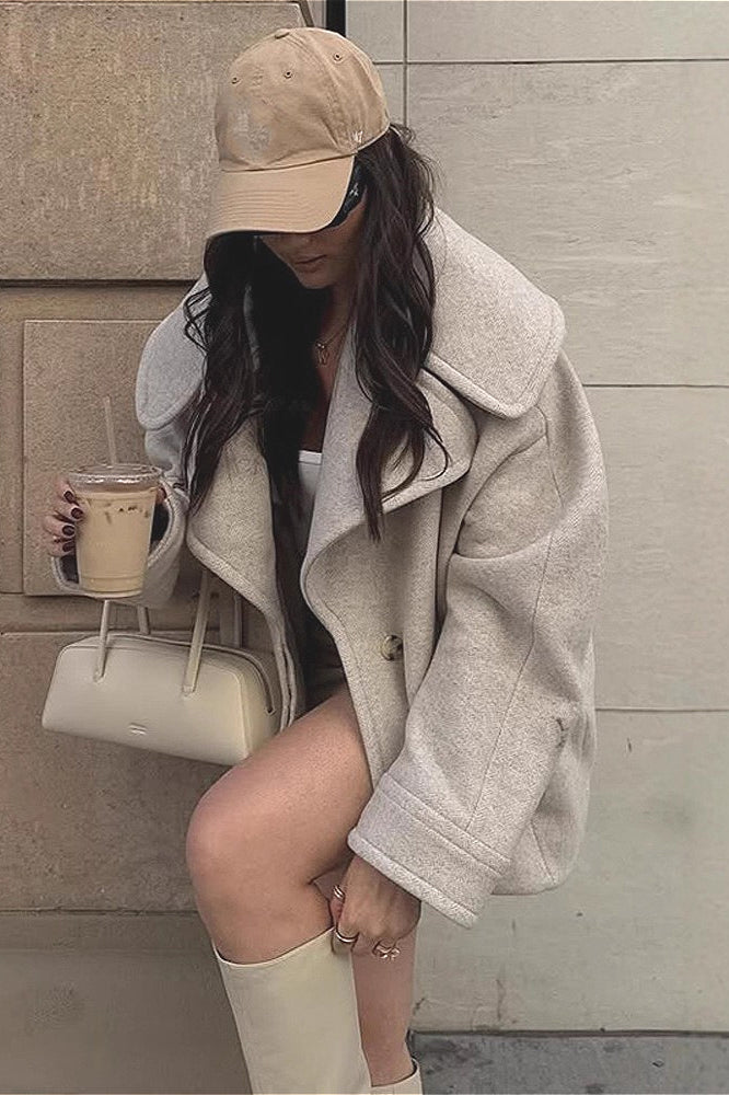 Retro Solid Collared Long Sleeve Wool Coat