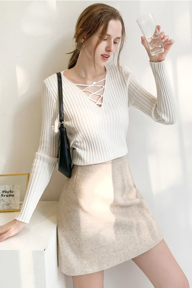 Slim Lace Up V Neck Sweater