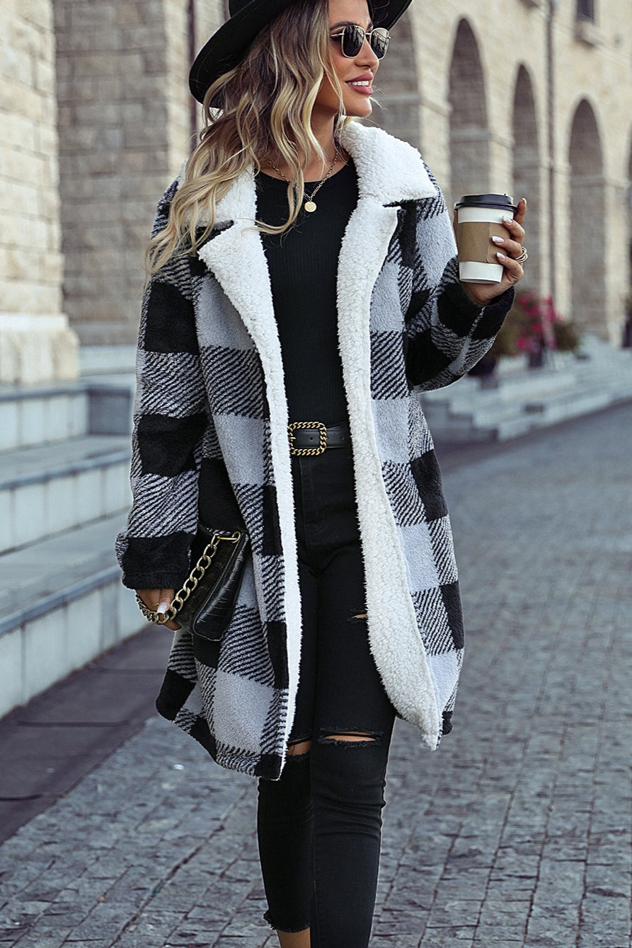 Lapel Checked Open Front Coat
