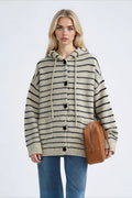 Striped Hooded Retro Drawstring Pocket Cardigan