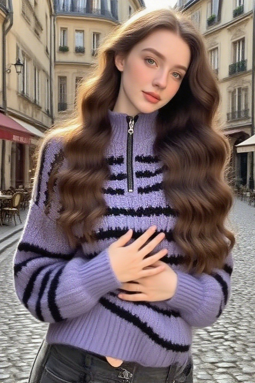 Loose Striped Polo Sweater