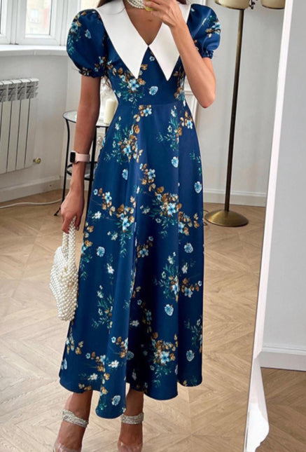 Doll Collar Short Sleeve Blue French Floral Dress