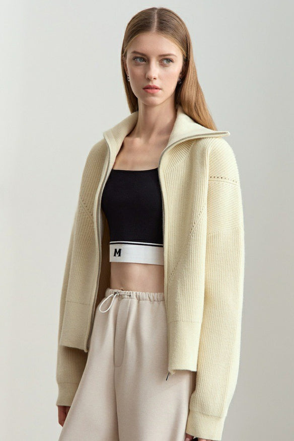 Sailor-Collar Zip Cozy Knit Cardigan