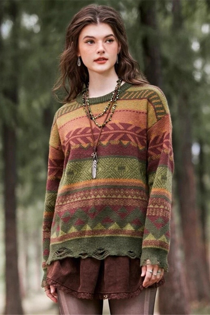 Distressed Geometric Pattern Sweater
