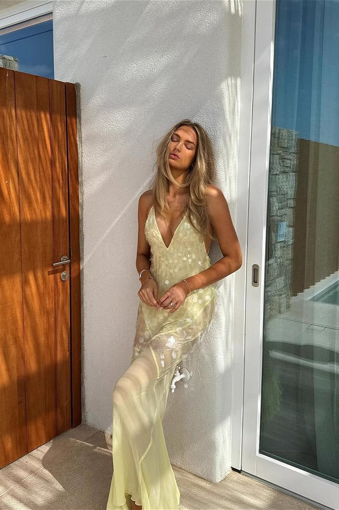 Hollow Sleeveless Sequin High Waist Floral Dress