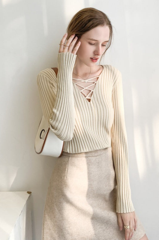 Slim Lace Up V Neck Sweater