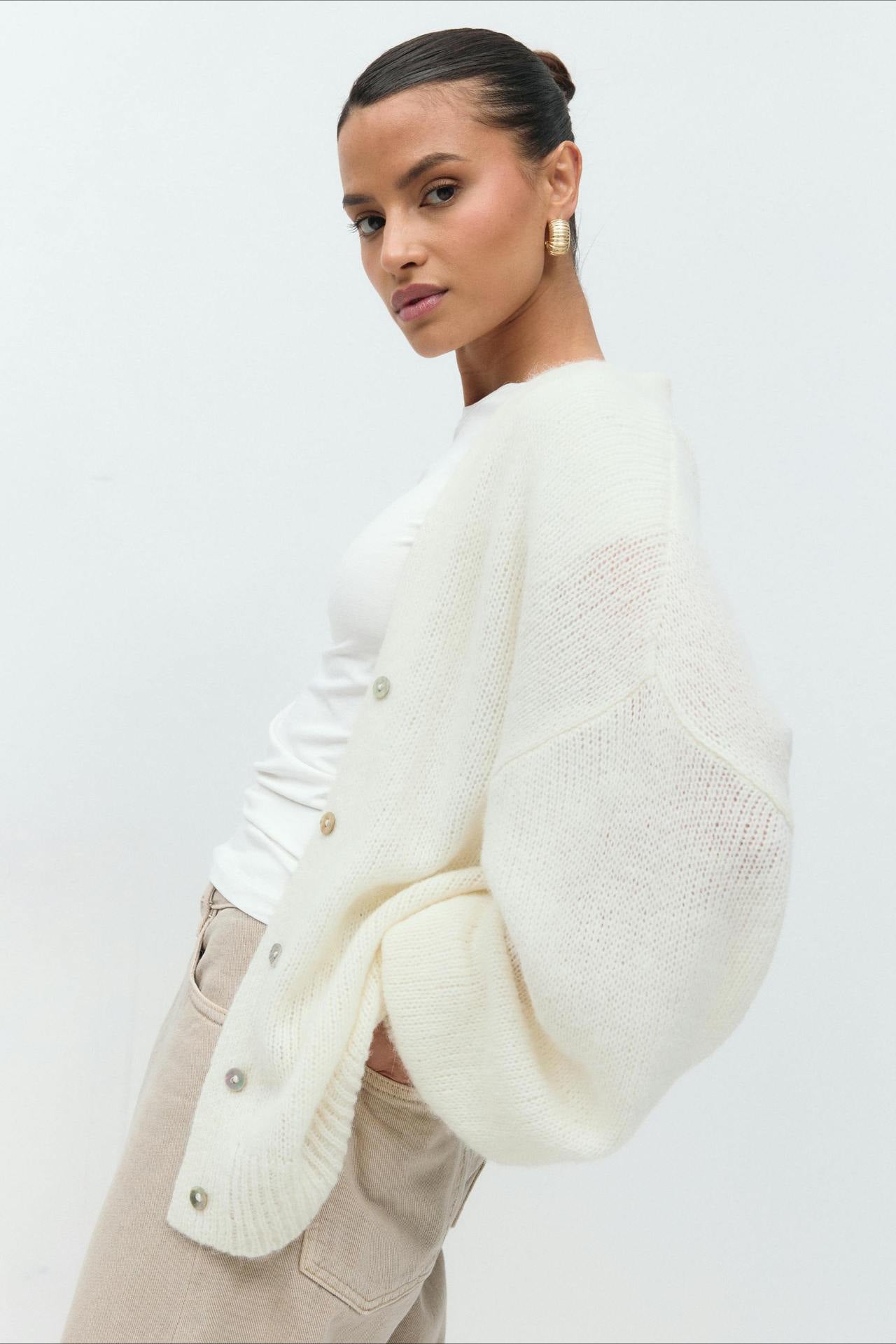 V-Neck Mohair Lace Flare Sleeve Cardigan