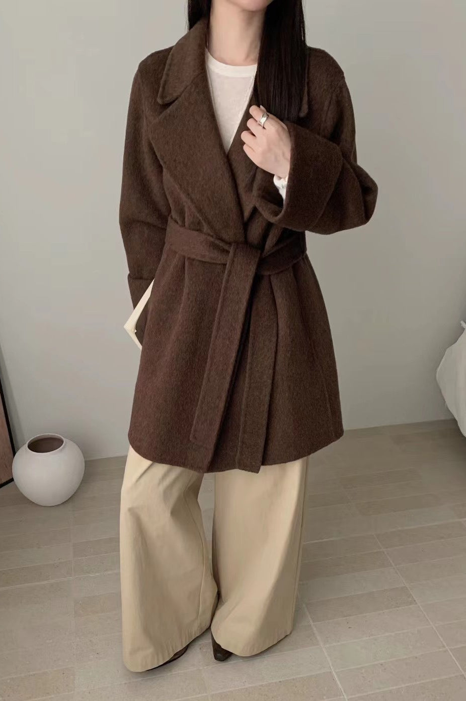 Robe Style Double-Faced Wool Long Coat