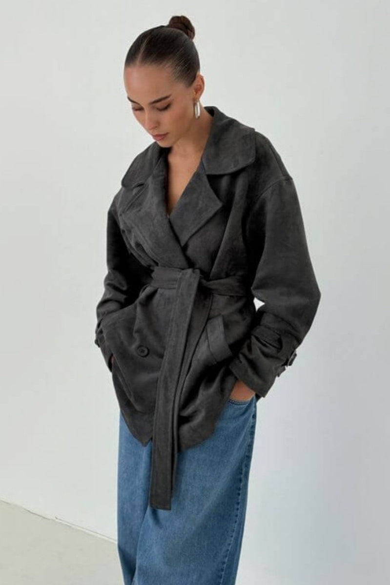 Retro Suede Lapel Tie Waist Jacket Coat