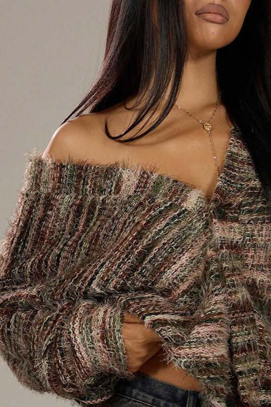 Vibrant Striped V-Neck Relaxed Knit Cardigan