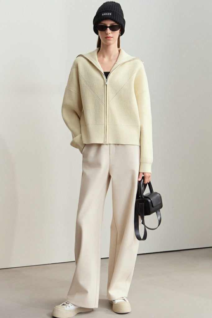 Sailor-Collar Zip Cozy Knit Cardigan