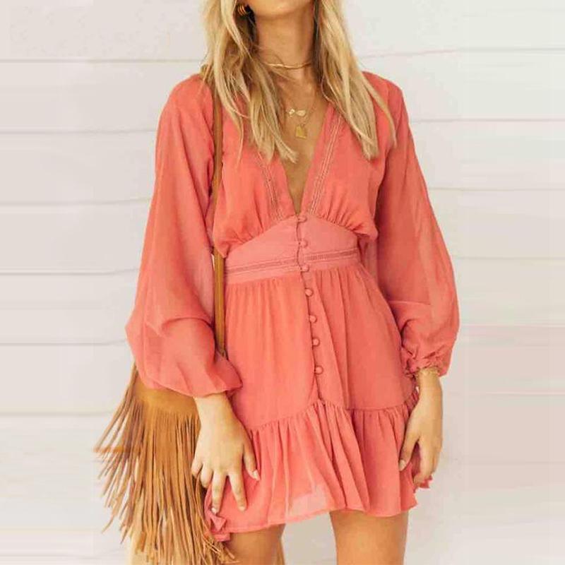 Lace Long Sleeve V Neck Spring Party Mini Dress