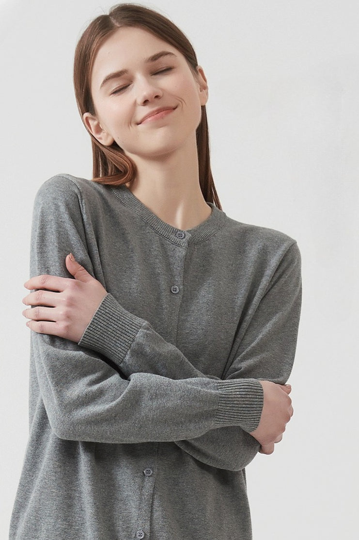 Cotton Crew-Neck Light Knit Cardigan