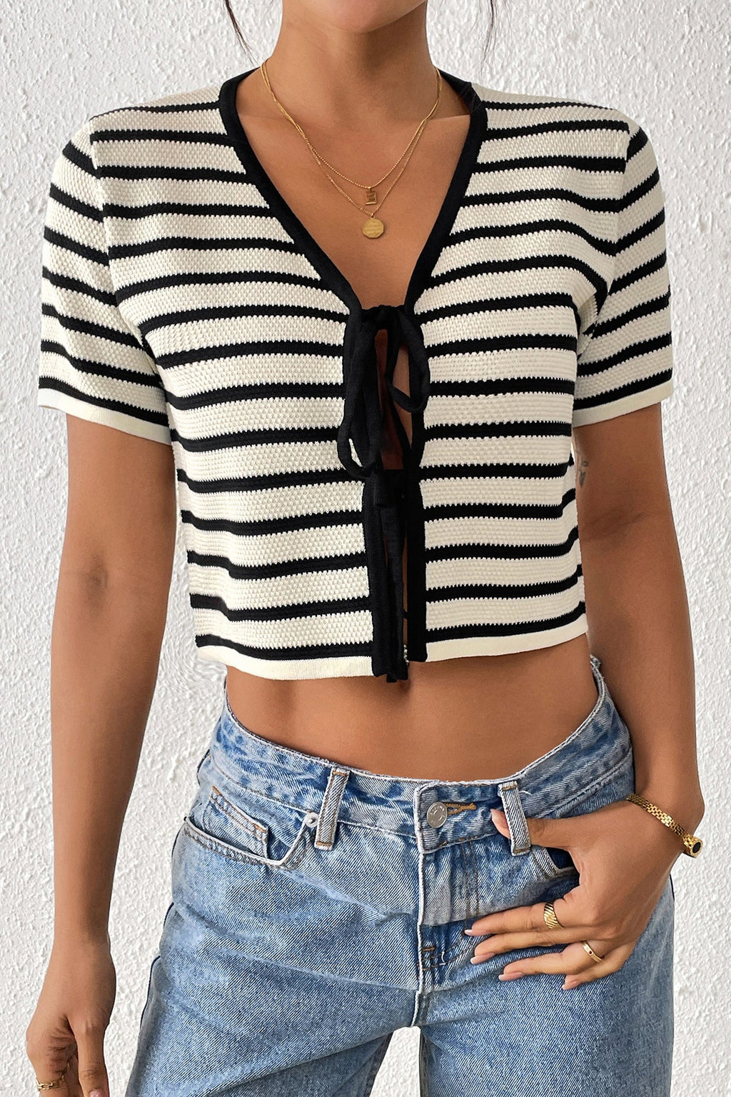 Striped Front-Tie Knit Short Sleeve Cardigan