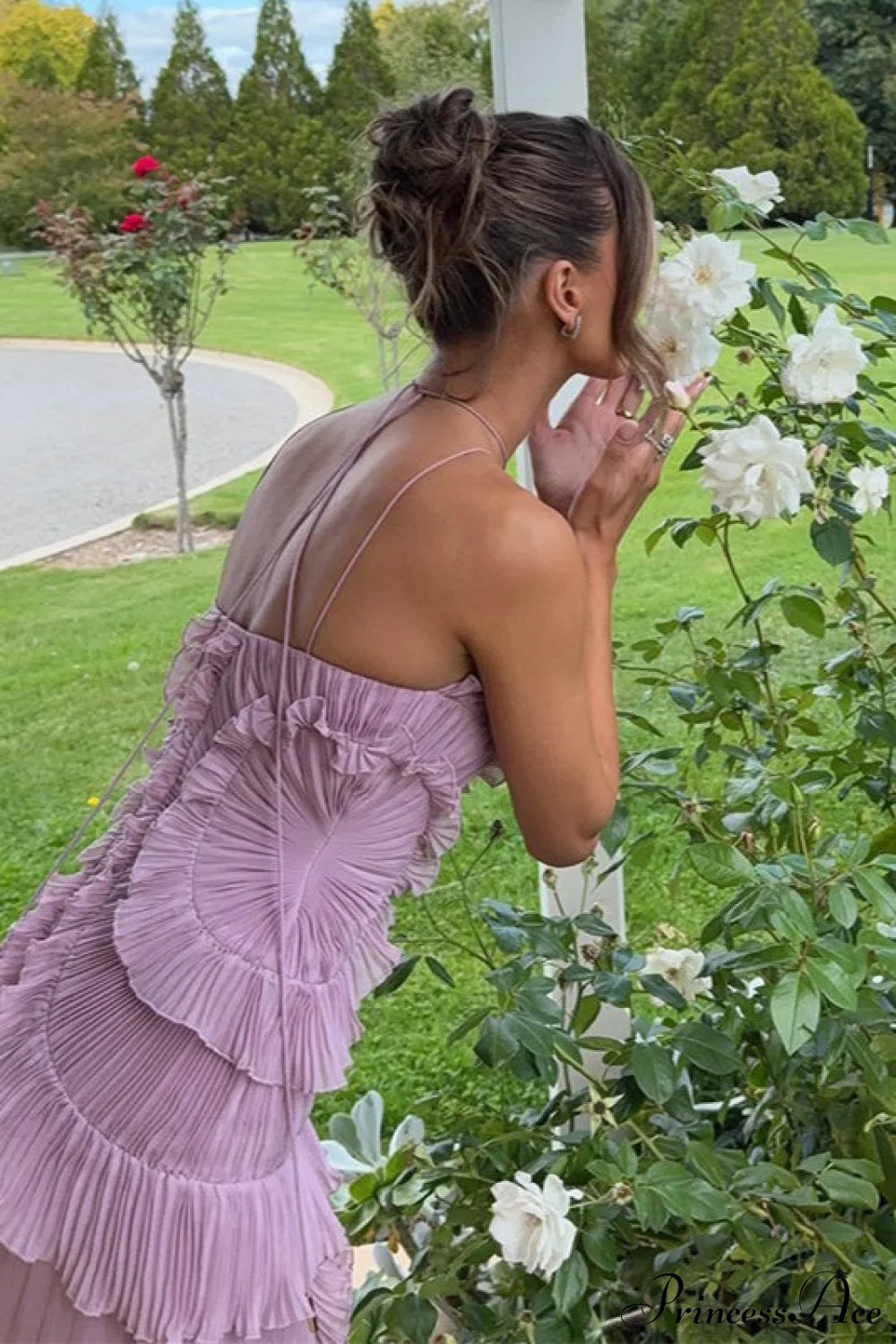 Elegant Neck Strap Ruffle Backless Floral Dress