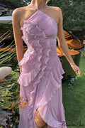 Elegant Neck Strap Ruffle Backless Floral Dress