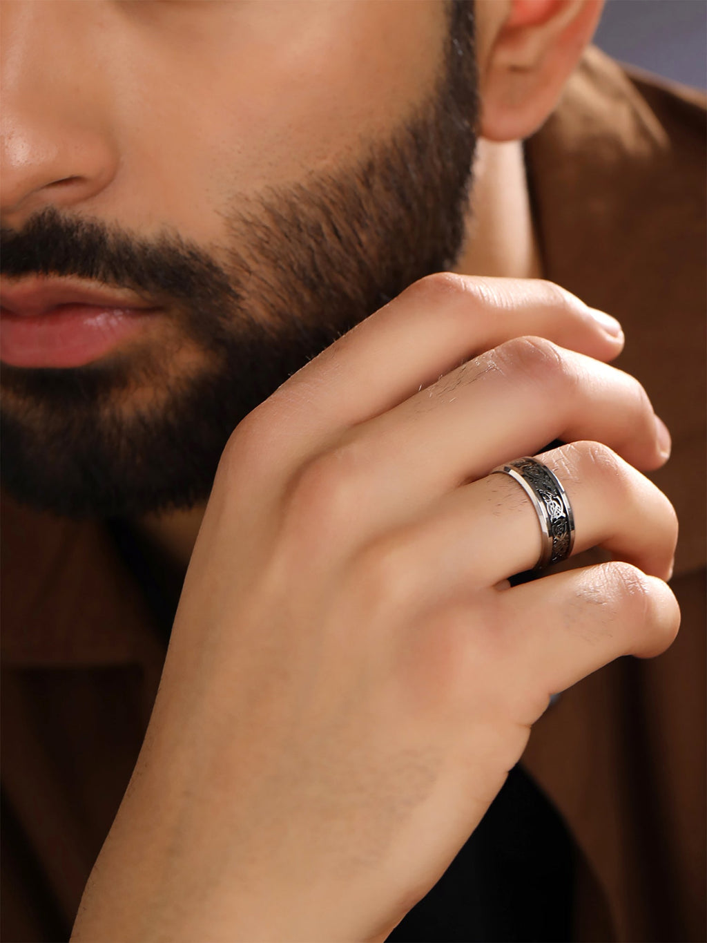Silver Black Band Four Piece Durable Ring