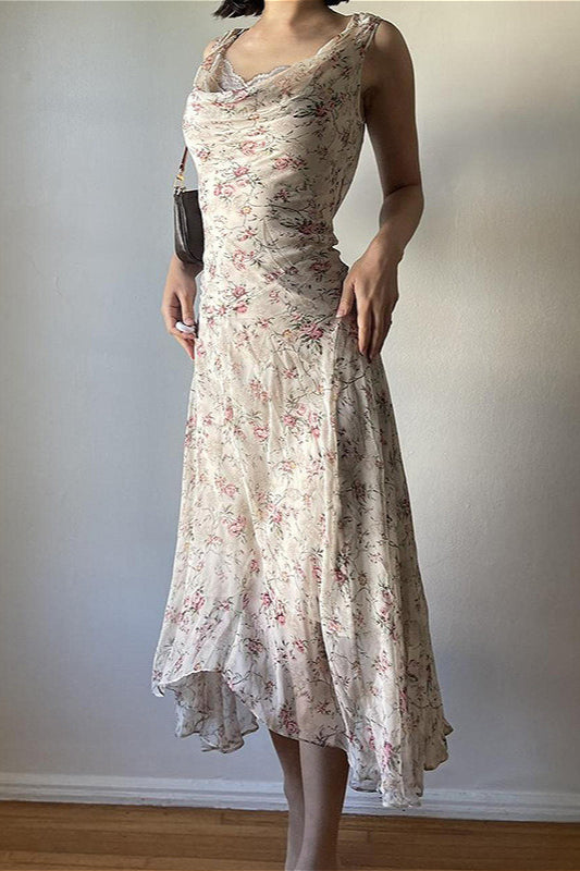 Chic Asymmetrical Wrap Slim Maxi Floral Dress
