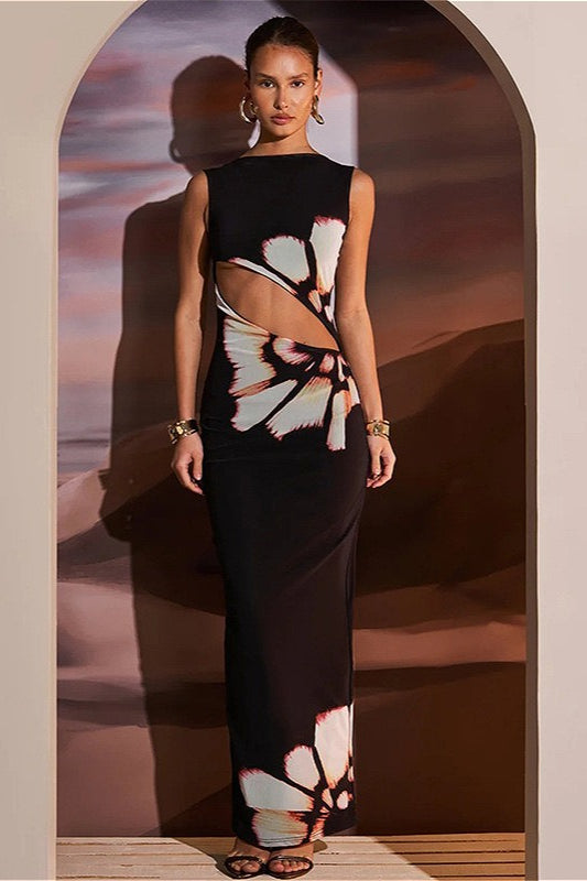 Black Round Neck Hollow Sleeveless Floral Dress