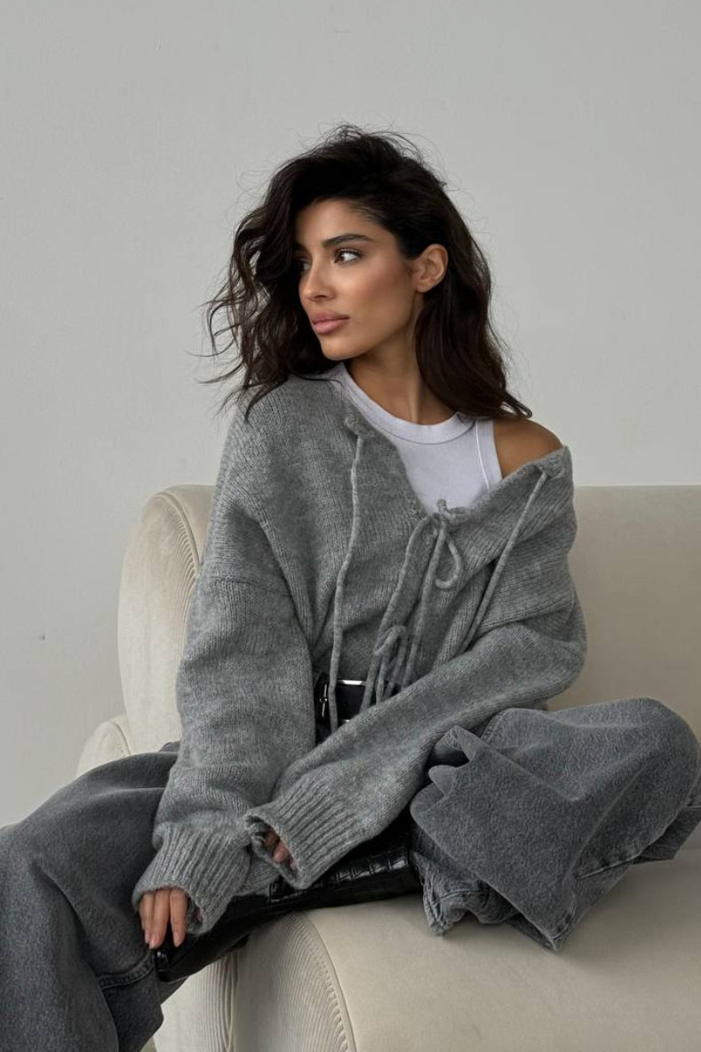 Plain Bow Tie Long Sleeve Knit Cardigan