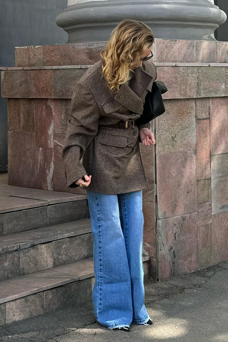 Houndstooth Wool Double Breasted Mid Trench Coat