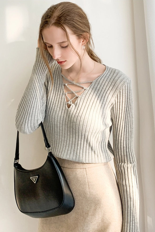 Slim Lace Up V Neck Sweater