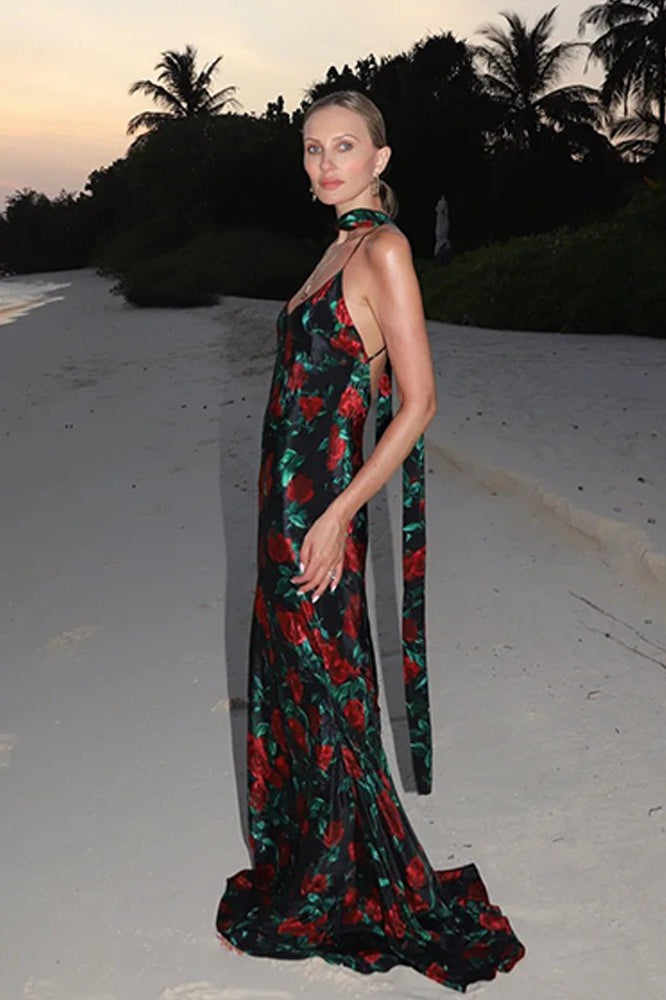 Floral Deep V Open Back Maxi Dress