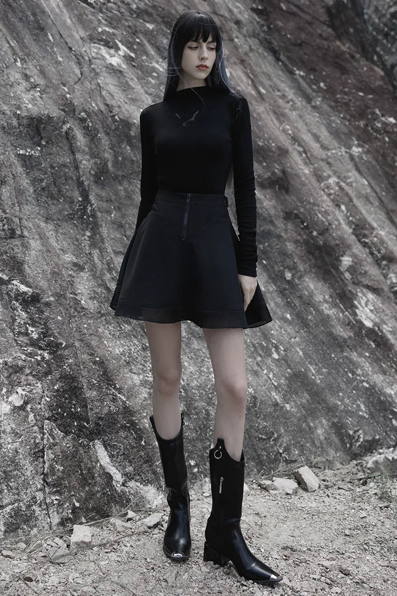 Black Mesh Chiffon Gothic Twill Mini Dress