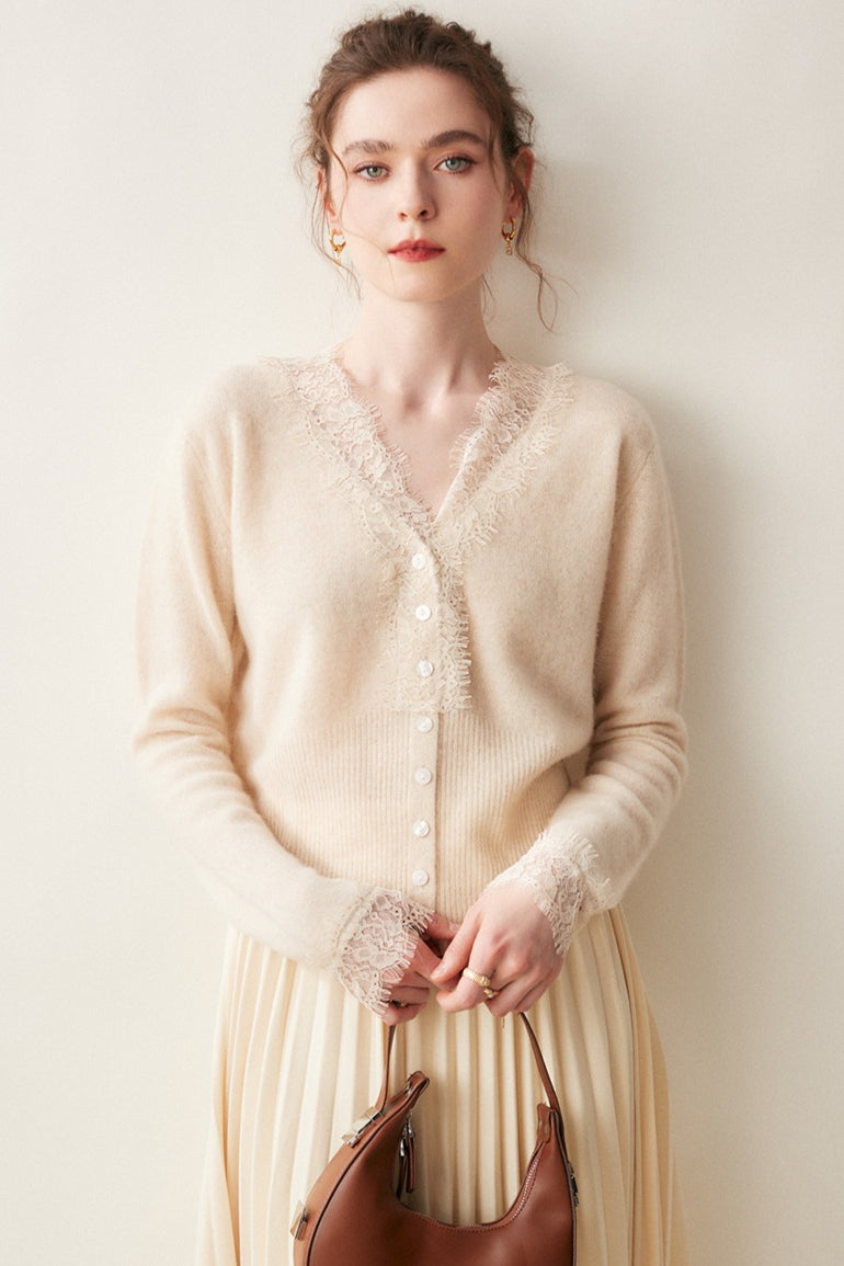 Cashmere Lace-Edge V-Neck Knit Cardigan