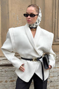 White Wool Thickened Belted Collar Mid Coat