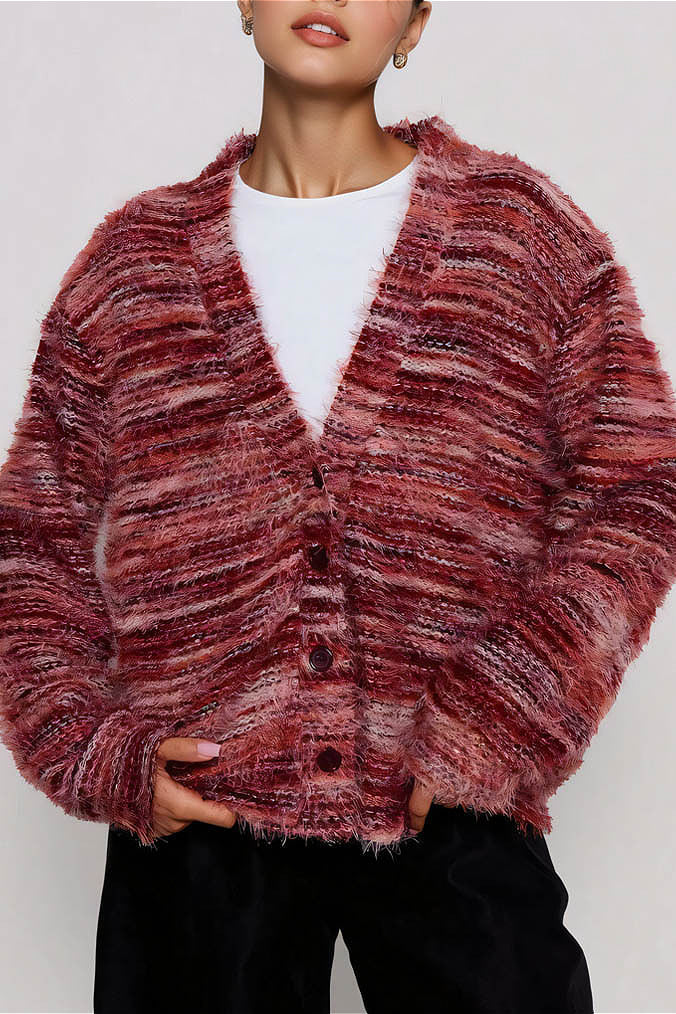 Vibrant Striped V-Neck Relaxed Knit Cardigan