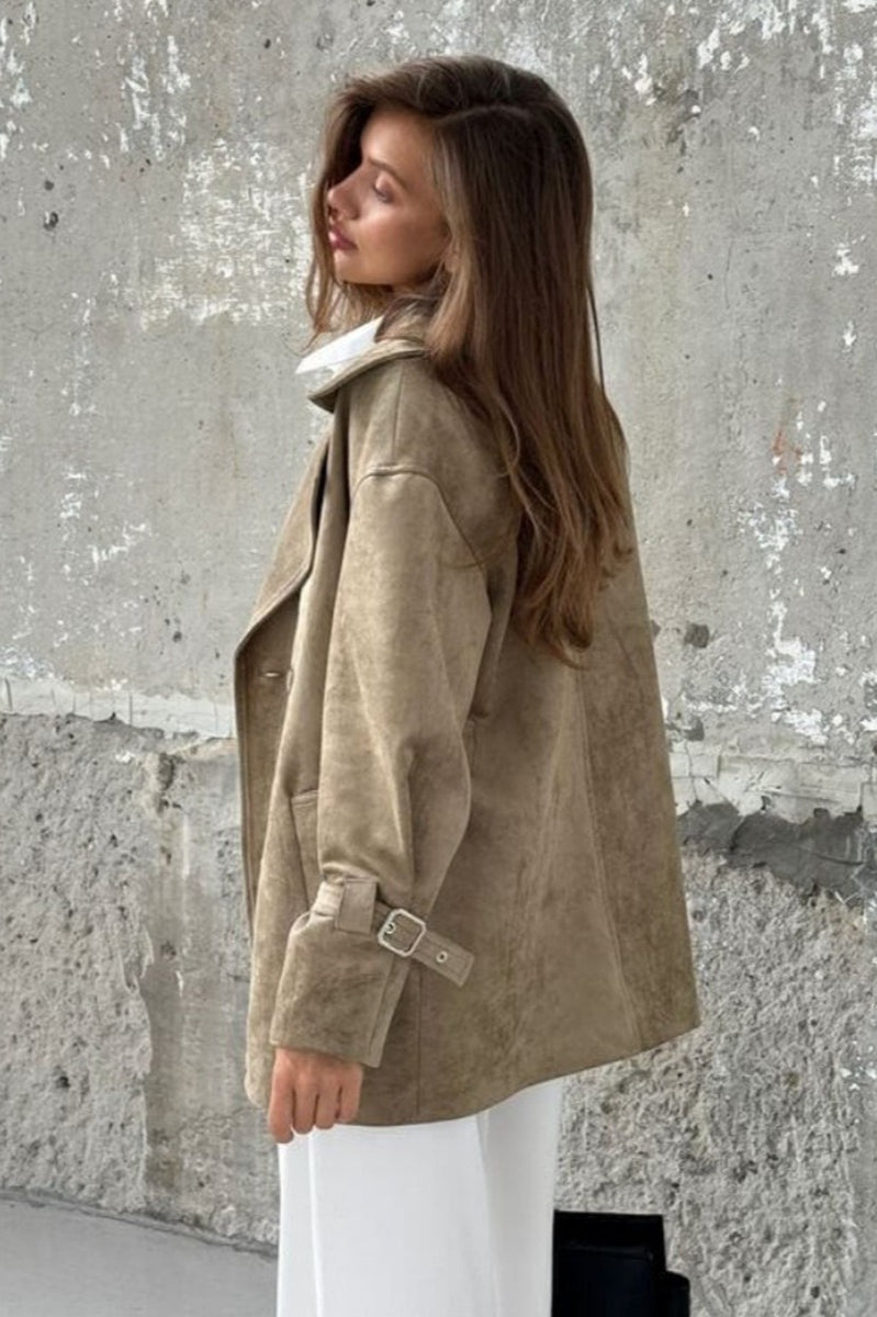 Retro Suede Lapel Tie Waist Jacket Coat