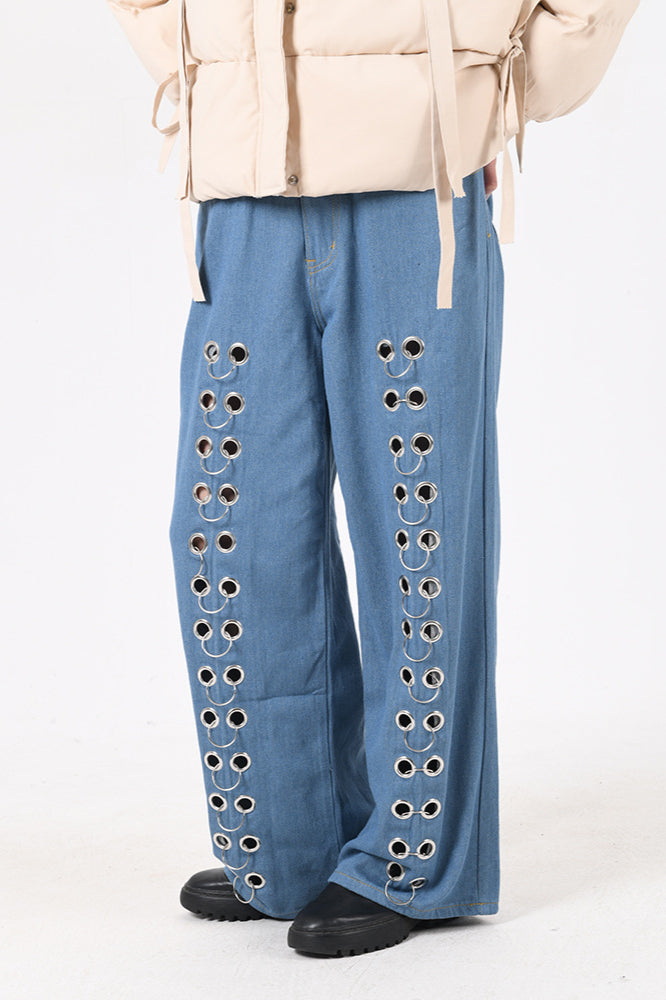 Metal Hole Hollow Out Straight Jean