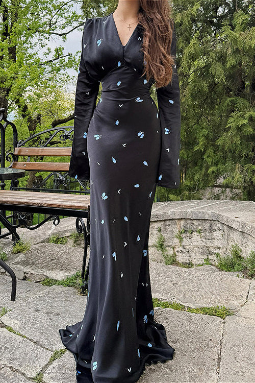 Satin V Neck Long Sleeve Tie Waist Maxi Floral Dress